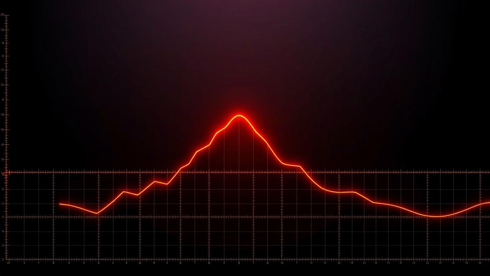 Thin ember bar charts rising over a dark measurement grid