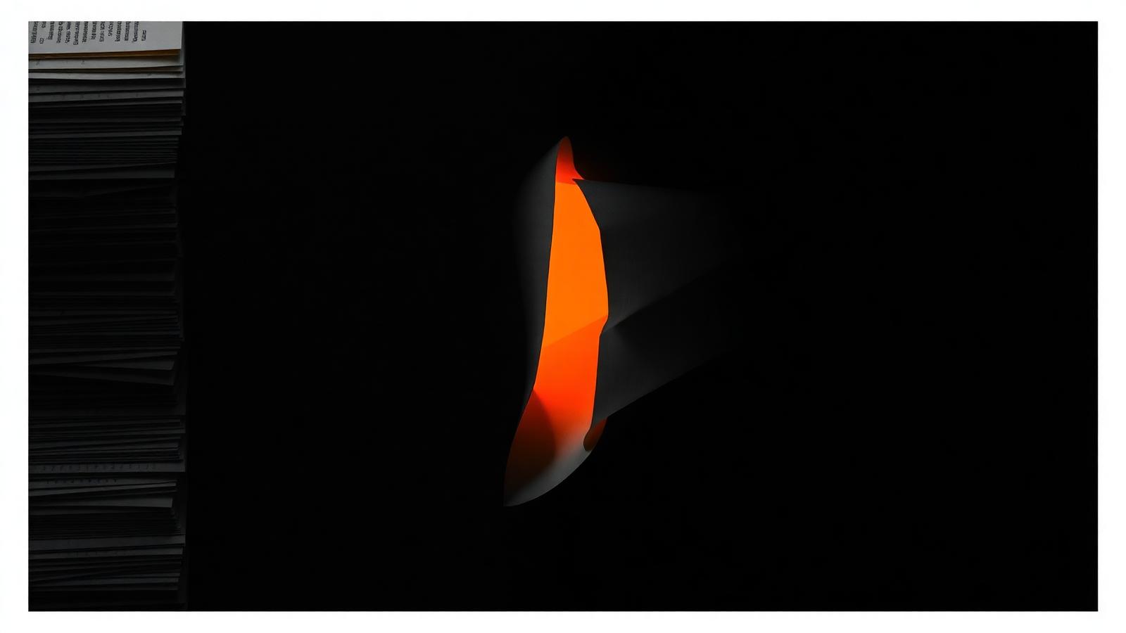 Stacked paper sheets funnelling into a single ember channel