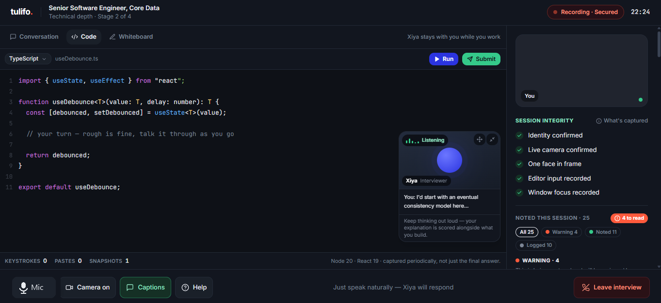 Candidate solving a live coding task inside the Tulifo editor